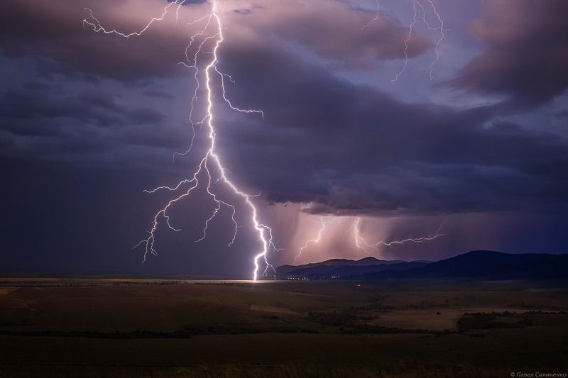 пейзаж, вечер, гроза, шторм, тучи, молния, поле Разряд фото превью