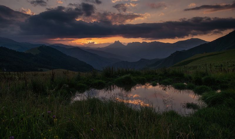 кабардино-балкария, кавказ, горы, закат, озеро, отражение, вечер ***photo preview