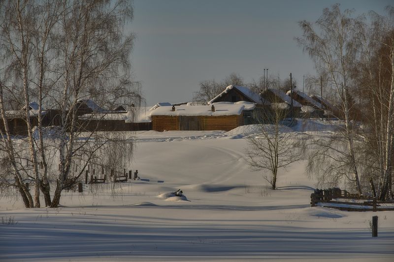 послезимье,задворки,снег,березы,изгородь,сараи,деревенские постройки,дома под снегом, siberian winter, after-winter, backyard, snow, birches, fence, sheds, village buildings, houses under snow. У февраля на задворках.photo preview