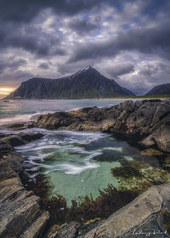 algae, basin, beach, blue, cliff, dawn, dusk, green, landscape, lofoten, lofoten islands, long time exposure, mountain, nopeople, norway, outdoors, rock, scandinavia, sea, sea weed, seashore, shore, skagsanden, sky, snow, sun set, tidal pool, warterbasin, Tidal Poolphoto preview