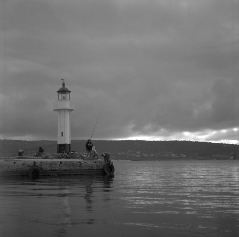hasselblad, black, white, b&w, film, lighthouse, sea, dusk Fishermanphoto preview