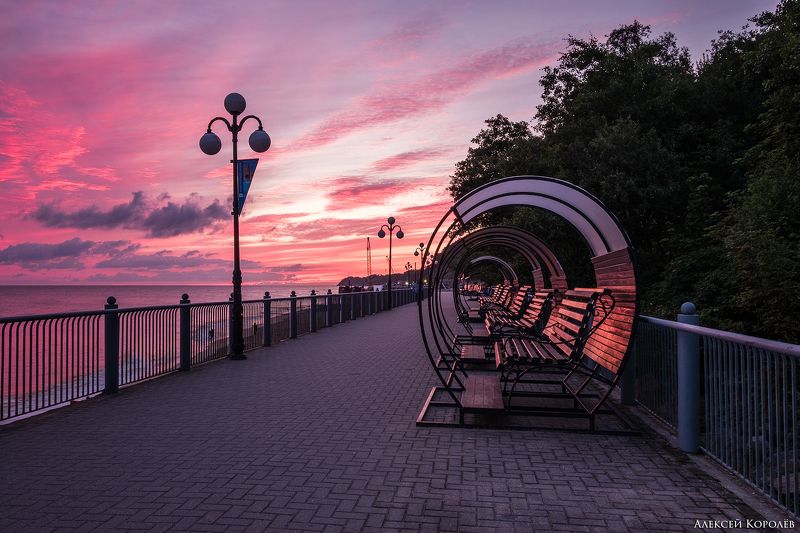 калининградская область, россия, светлогорск, балтийское море, рассвет, пейзаж, море, набережная, лето, kaliningrad region, russia, svetlogorsk, baltic sea, dawn, sea, promenade, summer Pink Shinephoto preview