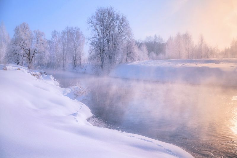 зима, река, туман, утро Утро у реки фото превью