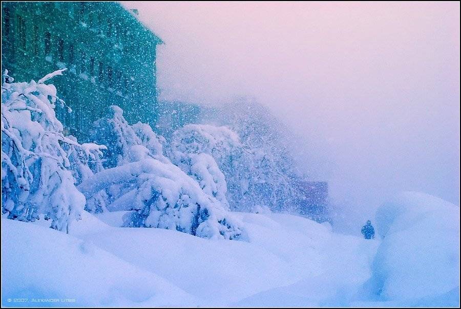 Город в пургу. Автор: Александр Лицис снег, метель, пурга, непогода, вьюга, пешеход, сугробы, поземка, петропавловск-камчатский, улица, Александр Лицис