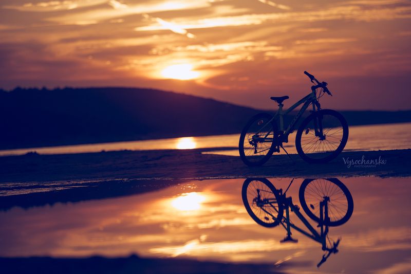 sunset, bicycle, sea, sand, evening, steel life sunsetphoto preview