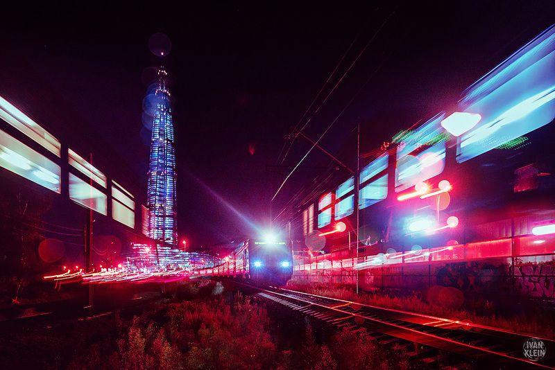 город, центр, питер, петербург, спб, санктпетербург, здания, здание, архитектура, ночь, ночной город, длинная выдержка, россия, поезд, электричка, рельсы, транспорт, небоскреб, киберпанк, лахта центр, лахта, Питерский Киберпанкphoto preview
