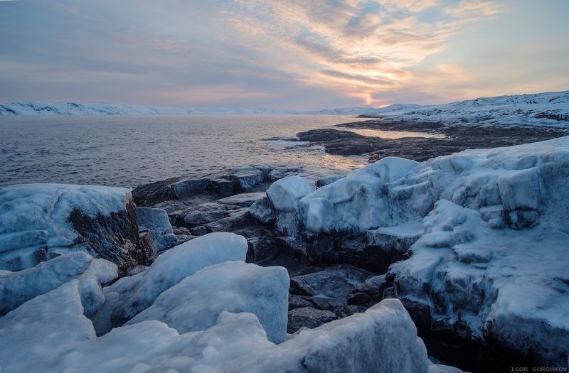 баренцево море,териберка,утро,зима,крайний север,заполярный круг,пейзаж,россия,,берег,снег,лёд,рассвет,камни Рассвет на берегу моряphoto preview