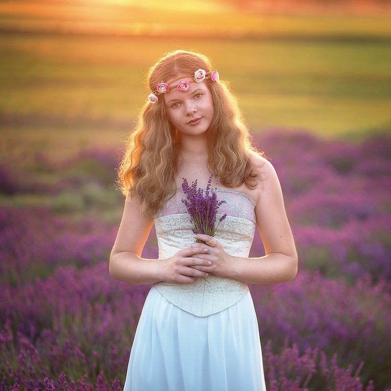 girl, lavender, field, sunset, light, summer, poland, romantic, sunlight,  Romantic girl on lavender fieldphoto preview