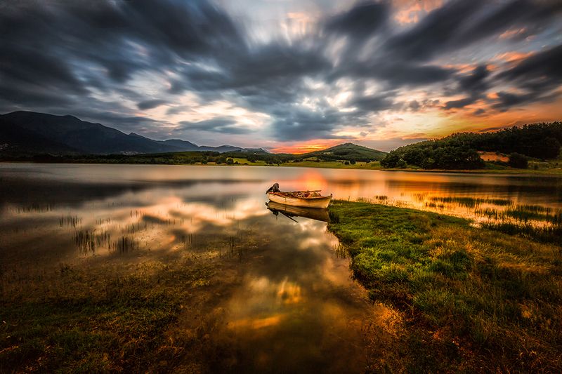 greece, long exposure, lake, boat, sunset, reflections, sky, karditsa, plastiras, orange, landscape, beauty, nature, mountains, water dusk reflectionsphoto preview