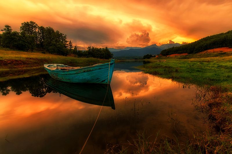 greece, long exposure, lake, boat, sunset, reflections, sky, karditsa, plastiras, orange, landscape, beauty, nature, mountains, water floating dreamsphoto preview