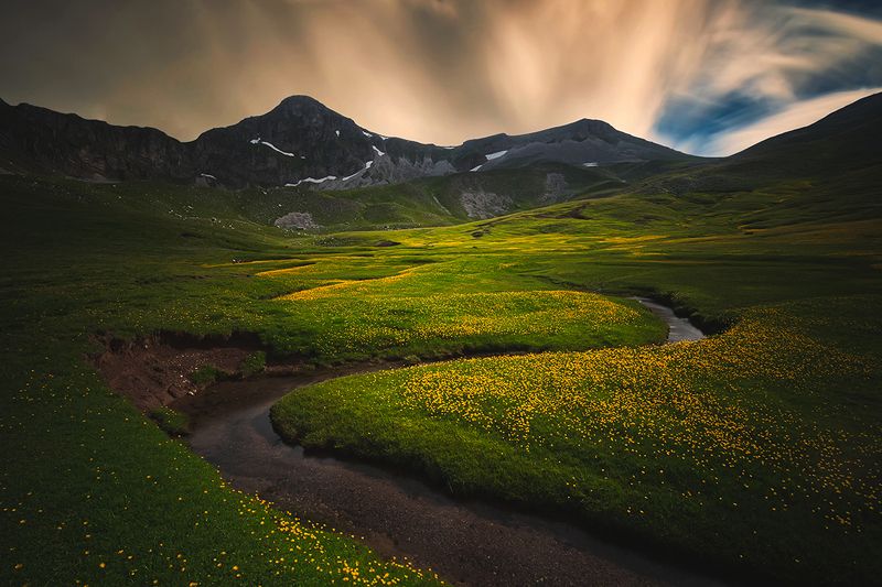 greece, long exposure, field, grass, sunset, valley, sky, mountain, clouds, flowers, landscape, beauty, nature, mountains, water, stream Verligaphoto preview