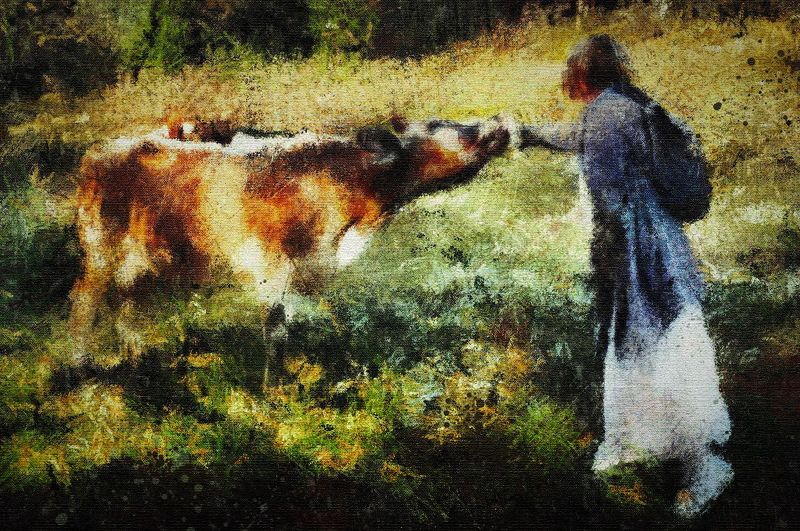 арт,пейзаж,природа,деревня,село,корова,картина,стилизация //photo preview