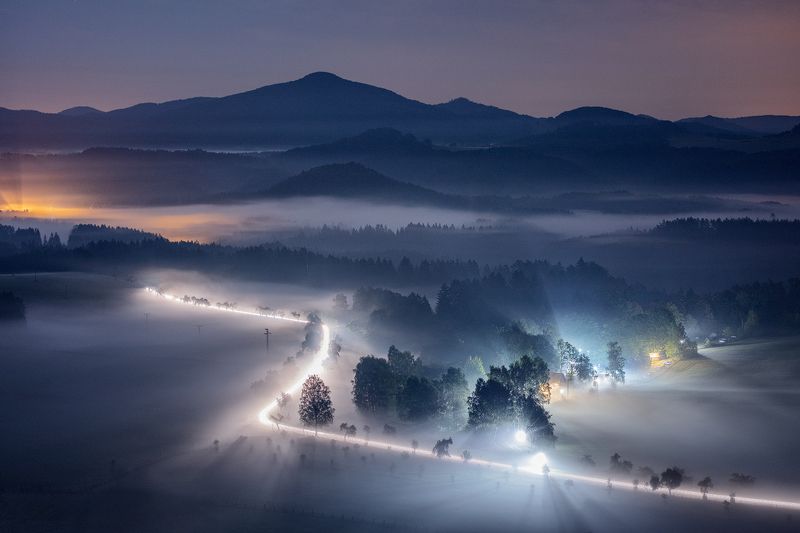 lights, car, morning, mist, fog, night, czech republic, bohemian switzerland, mountains, hills, moody, atmosphere Night Riderphoto preview