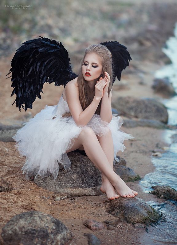 Крылья, ангел, море, камни, темный ангел ***photo preview