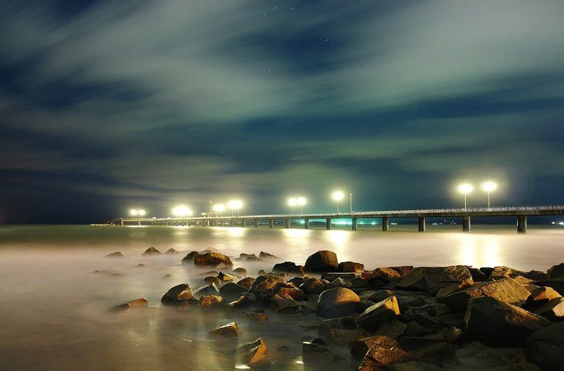 bridge, sea, wave, water, rocks, sand, sun, sky, sunrise, clouds, beach, coast, stars After the Stormphoto preview