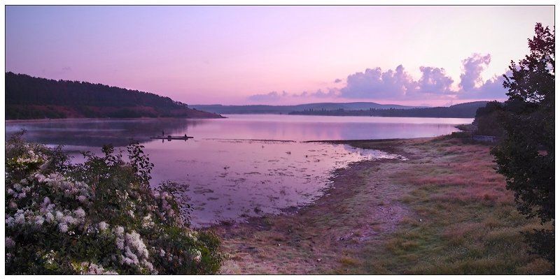 озеро, лес, рыбак, дымка, восход, солнца утренняяphoto preview