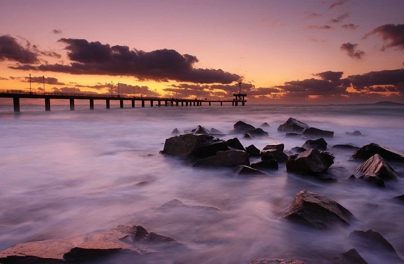bridge, sea, wave, water, rocks, sand, sun, sky, sunrise, clouds, beach, coast, Sunrisephoto preview