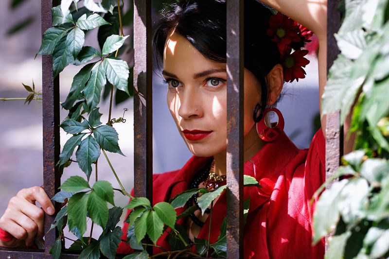 girl, dance, flamenco, spain, fan, black and red, wine, grapes, sangria, theater, actress In golden cagephoto preview