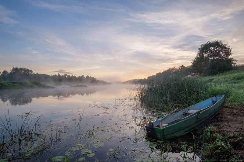 молога,река,утро,рассвет,лодка,пейзаж,природа,солнце,отражения,берег,трава, Утро на рекеphoto preview