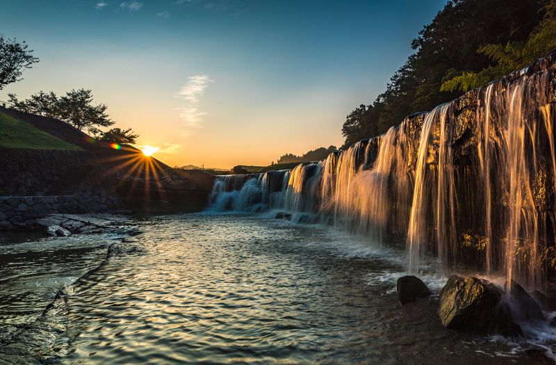 landscape waterfall sunrise rocks sun morning nature golden-hour  [ Golden Waterfall ]photo preview