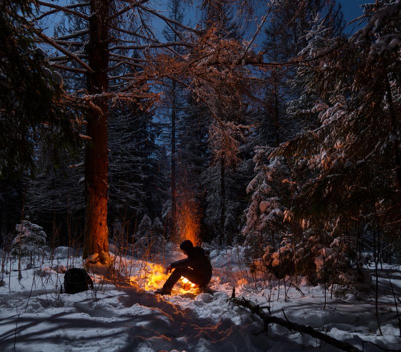 ночь лес зима костер россия луна  В ожидании 12 месяцевphoto preview