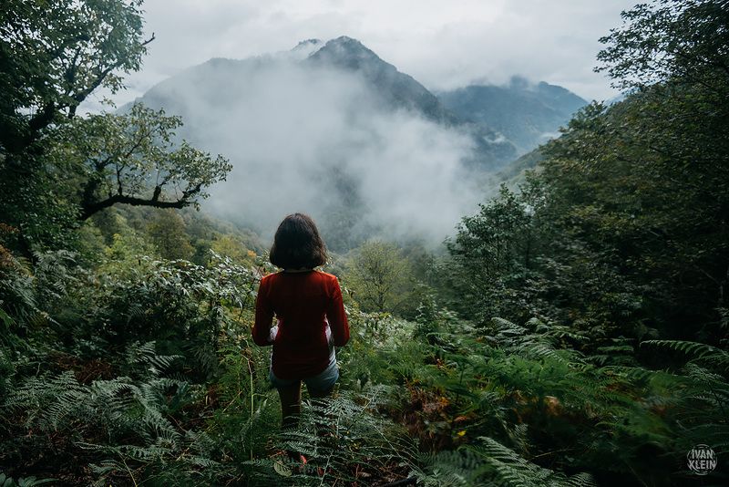 пейзаж,горы,гора,туман,облака,человек,персона,женщина,туризм,девушка,турист,путешествие,деревья,лес,грузия, Облака Над Горамиphoto preview