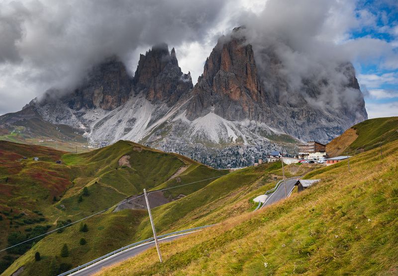 alps mountains,asphalt,clouds,dolomites,forest,funicular,hiking,hills,italy,journey,landscape,mountain,nature,peak,rainbow,road,rock,sky,tourism,travel,tree,view,village house,village landscape,way view of mountains: Sassopiatto and Punta Grohmannphoto preview