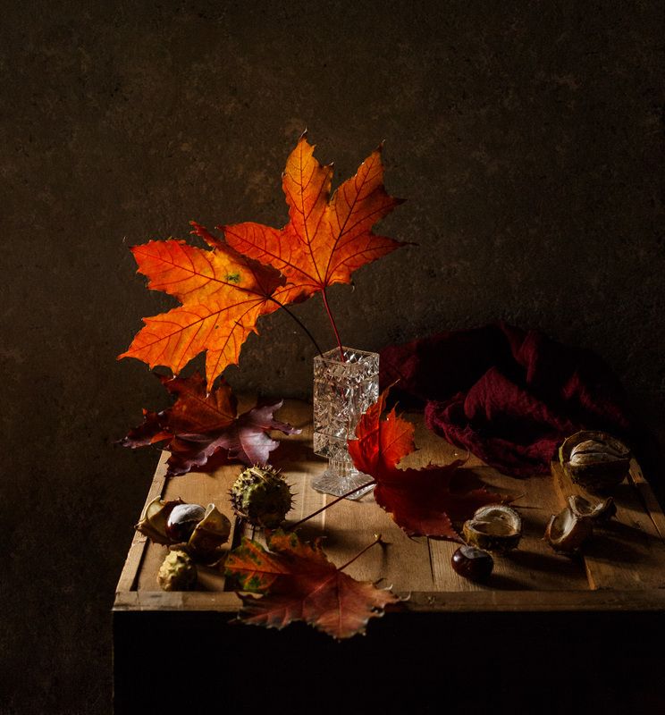 осень, кленовый, лист, красный, натюрморт, осенний, каштан Два листаphoto preview