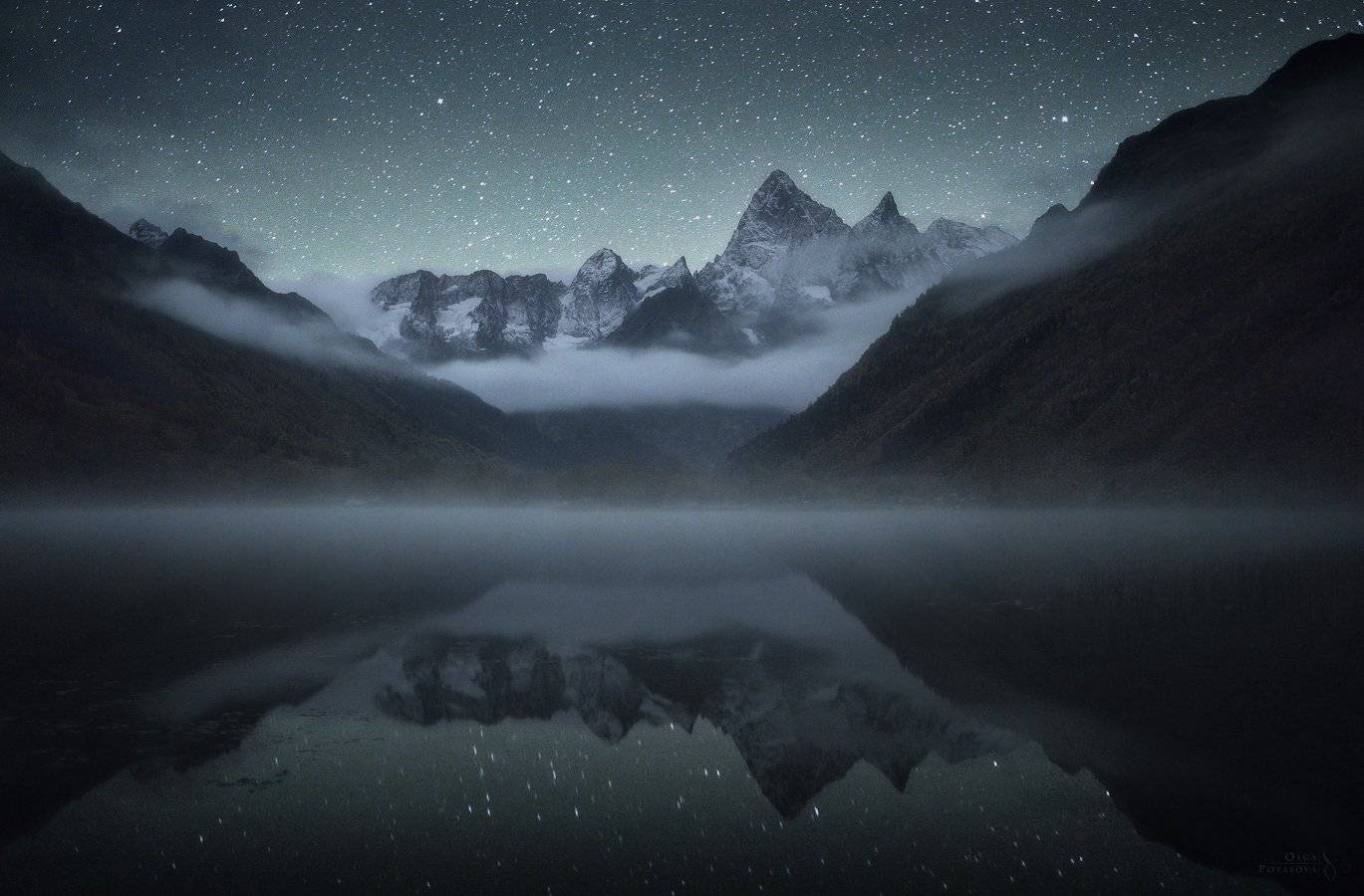 гоначхирское ущелье, домбай, карачаево-черкессия, ночь, звёзды, озеро, туман, отражение, гоначхир, кавказ, Степаненко Ольга