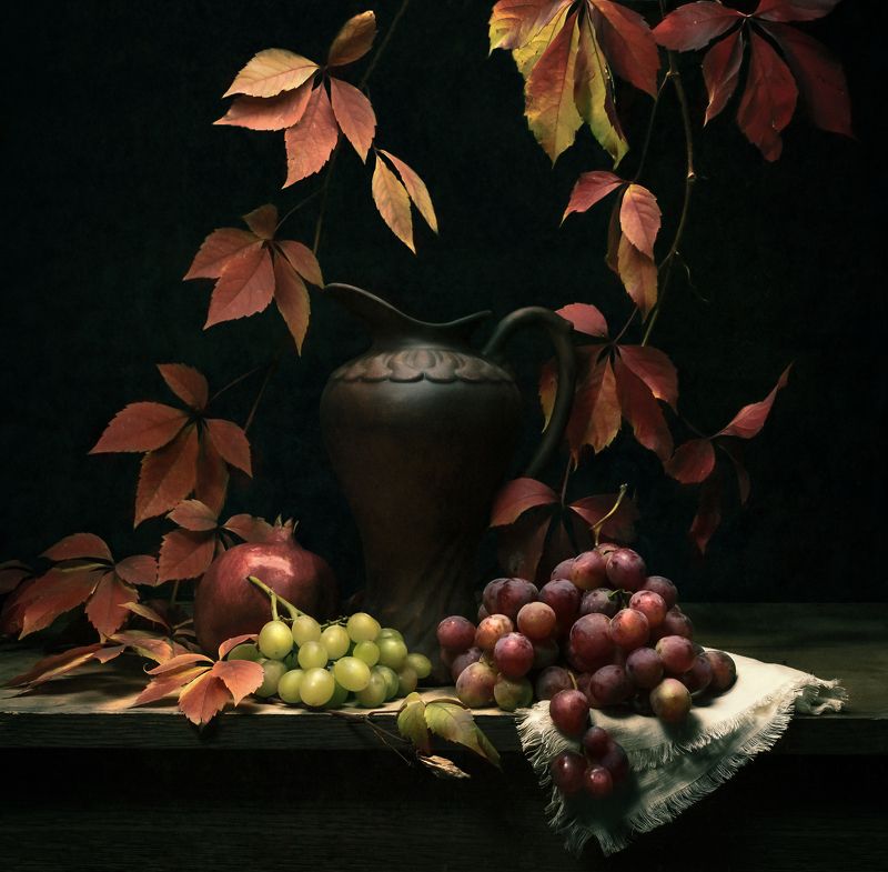 виноград, кувшин, гранат, лоза, натюрморт, вино ***photo preview