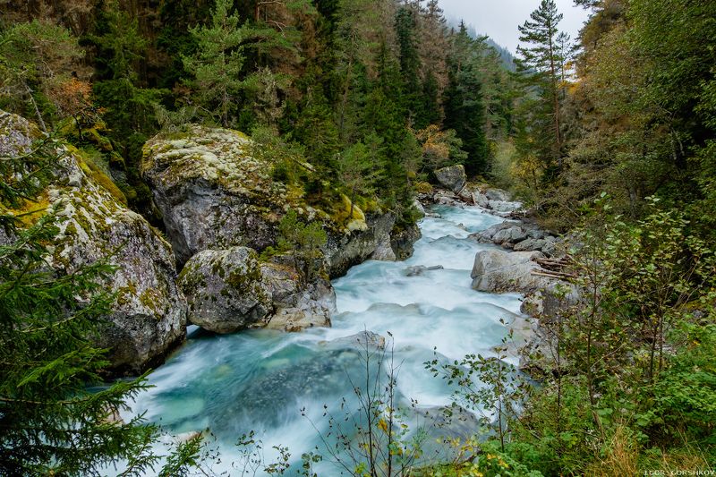 кавказ,домбай,горы,осень,лес,пейзаж,природа,камни,ущелье,гоначхир,река, Гоначхирphoto preview