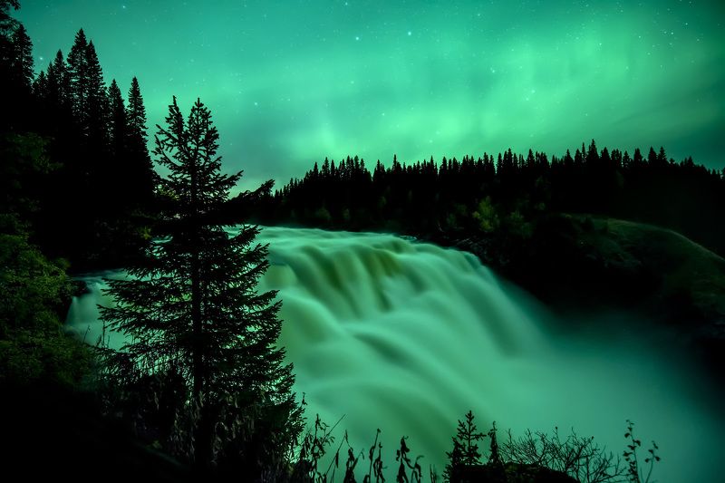 waterfall, norway, aurora, northern light, green, night, landscape, long exposure Tannforsenphoto preview
