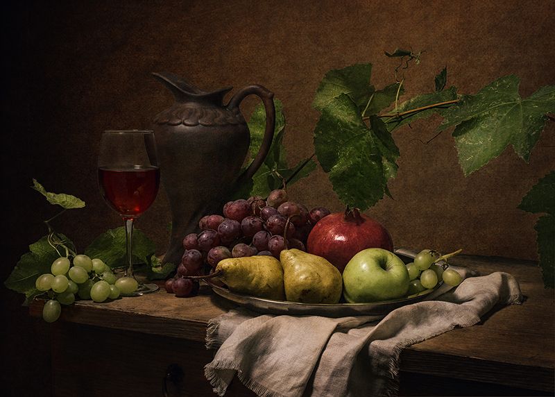 яблоко,вино, кувшин, виноград, груши, гранат, лоза, натюрморт ***photo preview