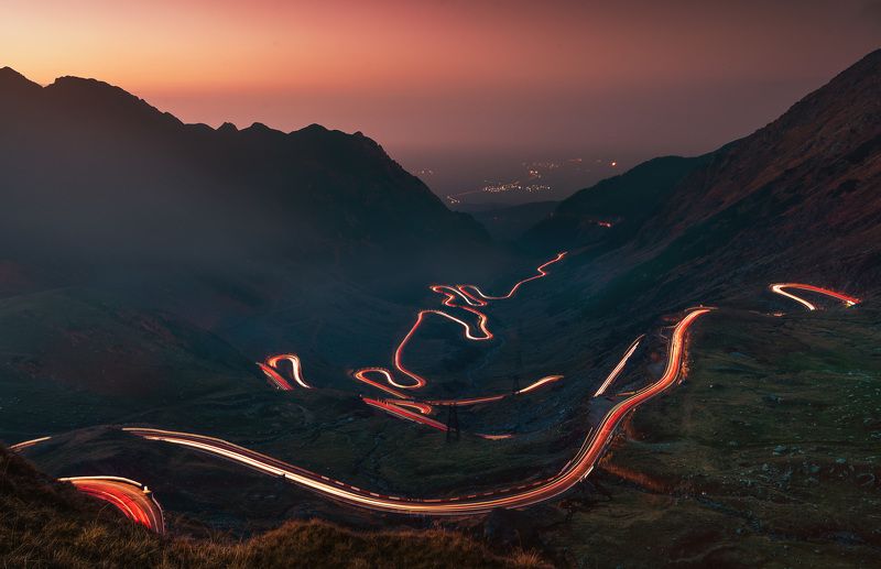 road, car trails, light, sunset, mountain, beautiful, landscape Transfagarasan roadphoto preview