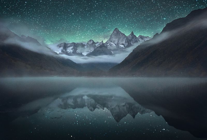 домбай, гоначхир,чотча, кавказ, северный кавказ, ночное фото Туманное Озероphoto preview