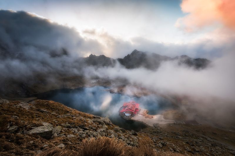 sunset, mountain, lake, light, beauty, nature, landscape, outdoor, clouds,hut Misty mountainphoto preview