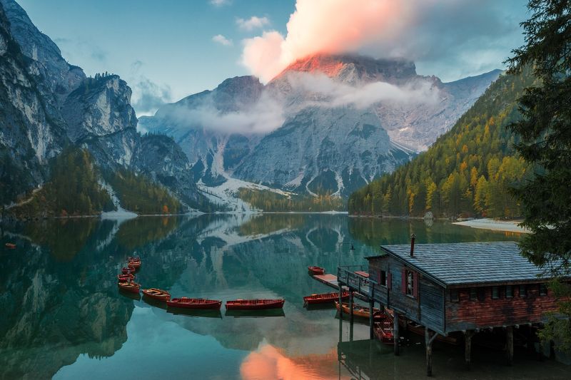 италия, доломиты, озеро, отражение, рассвет, осень, брайес Lago di Braisesphoto preview