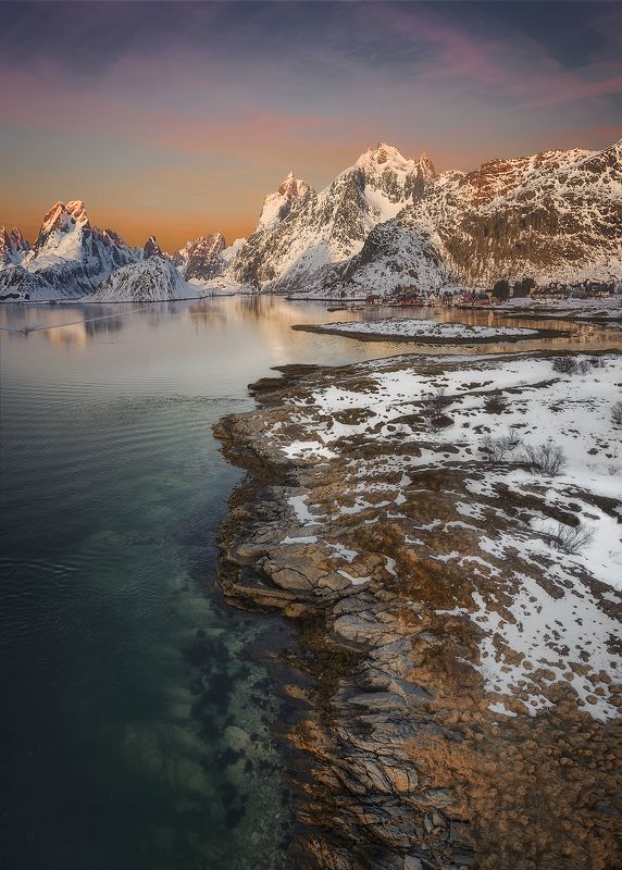 Lofoten, Norway, north, winter, snow, fjord, mountains, morning, water, sea,  Lofoten morningphoto preview