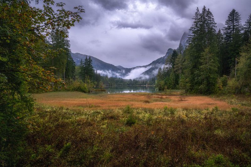 autumn, bavaria, beach, berchtesgaden, calm lake, calmness, europe, fall, fall colours, flags, fog, foggy, forest, germany, grass, green, harmony, hintersee, lake, late summer, marsh, marsh land, morning, mountain range, mountains, nature, orange, outdoor In the Footsteps of the Mastersphoto preview