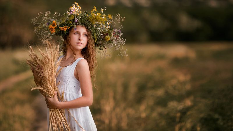 девушка, девушка с колосками в руках, девушка в поле, поле, хлеб, венок, свет photo preview