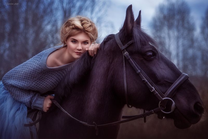 девушка, портрет, лошадь, фиолетовый, girl, portreit, horse, purple photo preview