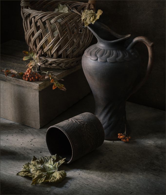 кружка, кувшин, корзина, рябина, натюрморт ***photo preview