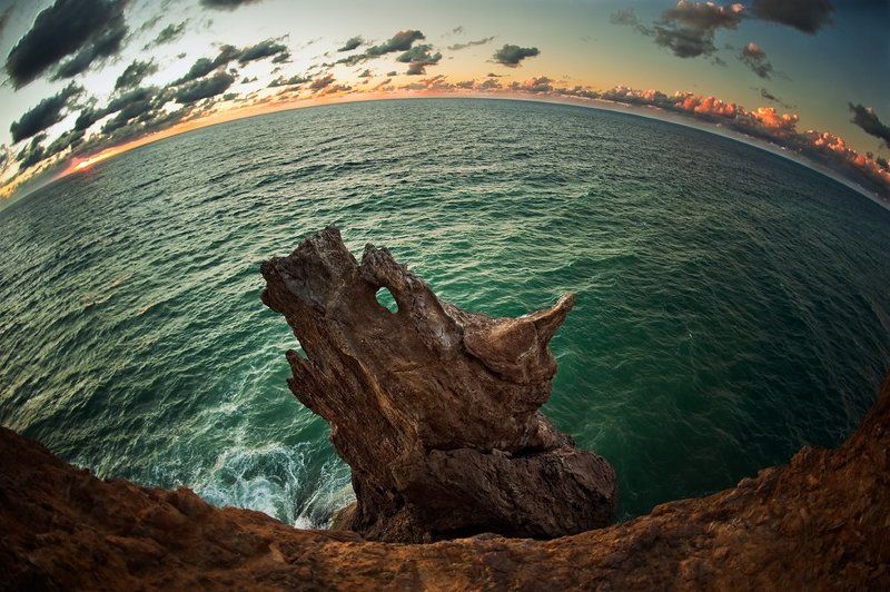 рыбий глаз, море, закат, скалы, Морской волкphoto preview