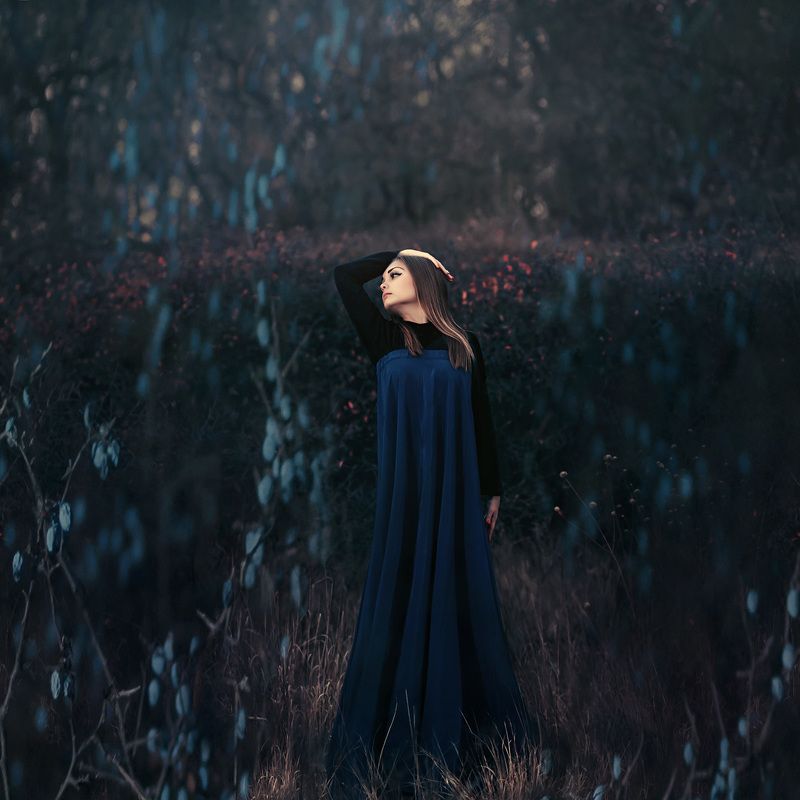 девушка, сны, осень, темный ключ, терновник, арт, синий, Сны. Танцующая в терновникеphoto preview