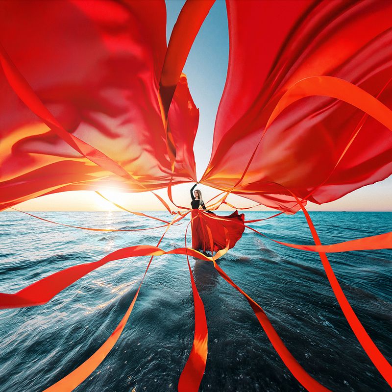 art, sea,dress, red, girl, sundown, sun, sunset Ассольphoto preview