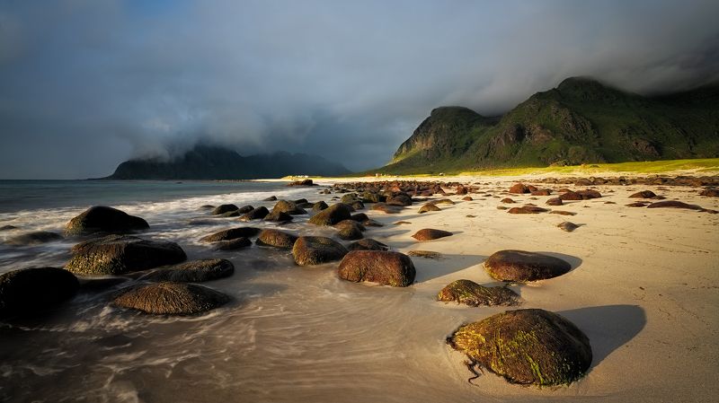 beach, sunlight, rainbow, fog, colorful, landscape, stones, vivid Uttakliev beach, Lofoten, Norwayphoto preview