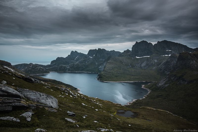 lofoten, summer, norway, cold, fjord, dark, rocks, mountains, lake, green,  photo preview