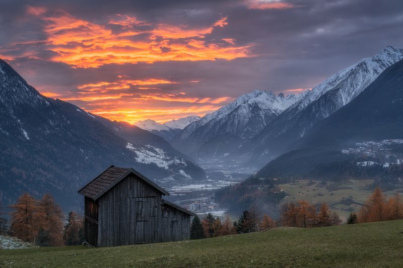 acres, agicutural building, agriculture, alps, austria, austrian alps, barn, clouds, evening, evening glow, farmhouse, fog, foggy, forest, hey barn, hill, hills, houses, hovel, hut, imst, inn valley, inntal, karroesten, karrösten, landeck, landscape, larc Winter is Comingphoto preview