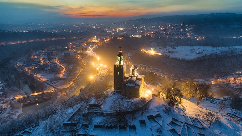 sunset, carevec, winter, night, lights, bulgaria, veliko tarnovo, drone, aerial view Sunset over Carevec fortressphoto preview