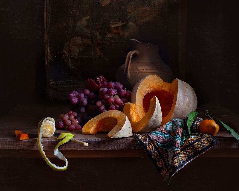 натюрморт, still life, тыква. виноград. лимон, арт, картина, евгений корниенко Натюрморт с тыквой и виноградомphoto preview